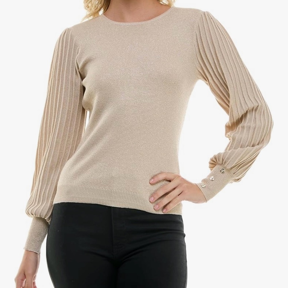 Nanette Lepore Lurex Rib Sleeve Pullover Sweater - Champagne, Size Large